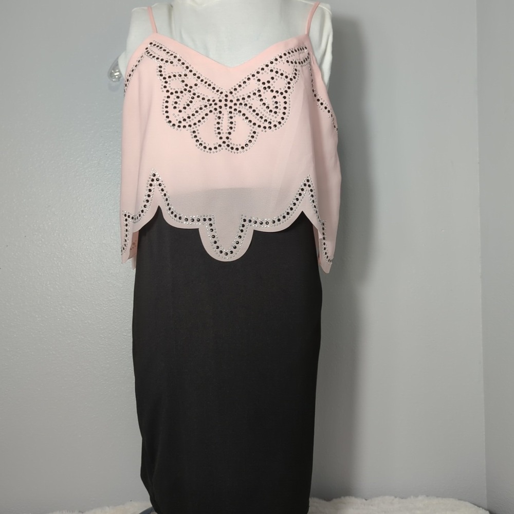 Dressfo Womens Sz 12 Pink Sleeveless Chandelier Top Black Bottom Short Dress 141